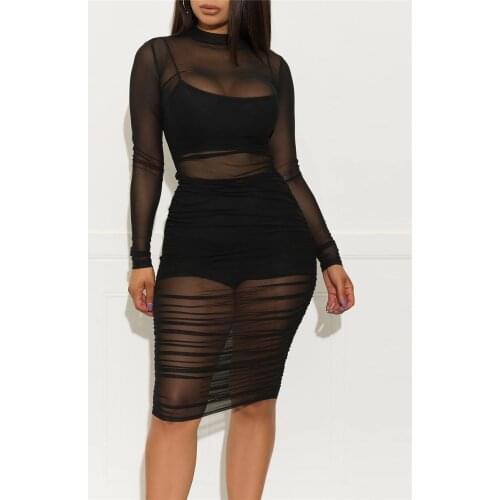 Imcute Women Sexy Clubwear Sets Cami Crop Top + Short Bottom + Long Sleeve Mesh See Through Ruched Bodycon Dress 3 Pcs Sets