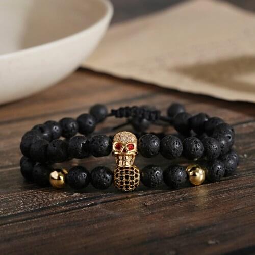 Classic Black Lava Stone Beads Bracelet Set Armband Vintage Skull Men Bracelets Bileklik Jewellery Pulsera Hombre Accessories