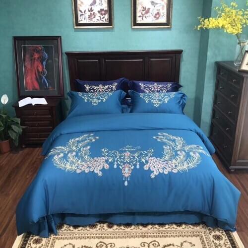 80S Egyptian cotton Luxury Embroidery Wedding Bedding Set 4pcs Queen King Duvet cover bed sheet set Pillowcase blue colorful new