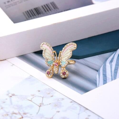 Korean Rainbow Crystal Butterfly Rings for Women Sweet Insect Gold Color Colorful Oil Bling Bling Rings 2020 Fashion Jewelry