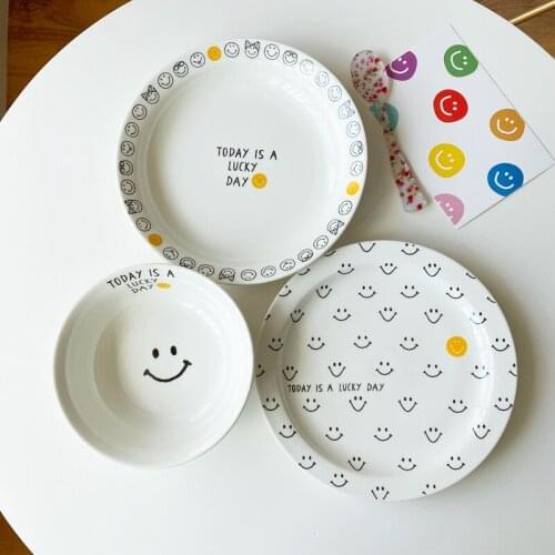 Creative smiley face ceramic plate, retro English alphabet breakfast plate, salad dessert bowl, dinner plate, deep dish