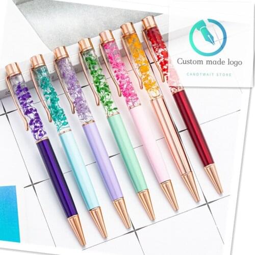 Metal Creative Oil Dried Flower Customized Logo Engraved Text Birthday Party Gifts Ballpoint Pen Schoo Advertising Stationer