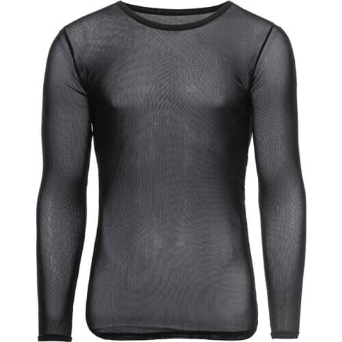 Mens Undershirts Gay Nylon Mesh See Through Sheer Long Sleeves T Shirts Male Sexy Compression Shirts Tank Tops Undershirt