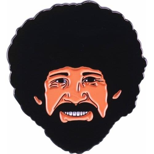 HOSENG Black Hair Cartoon Painter Art Bob Ross Brooch Alloy Funny Women Man Lapel Collars Enamel Jewelry Pin Party Gift HS_882