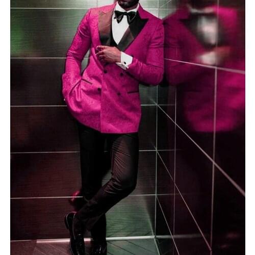 Double Breasted Groomsmen Hot Pink Pattern and Black Groom Tuxedos Peak Lapel Men Suits ( Jacket+Pants+Vest+Bow Tie ) D306
