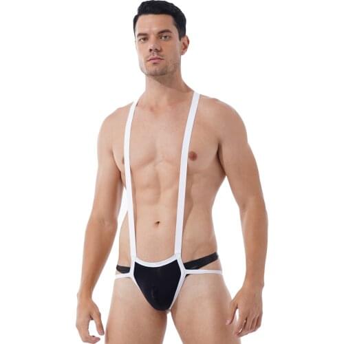 Mens Bulge Pouch Jockstrap Bodysuit Double Shoulder Strap Wrestling Singlet See-through Hollow Out Fishnet Patchwork Sexy Romper