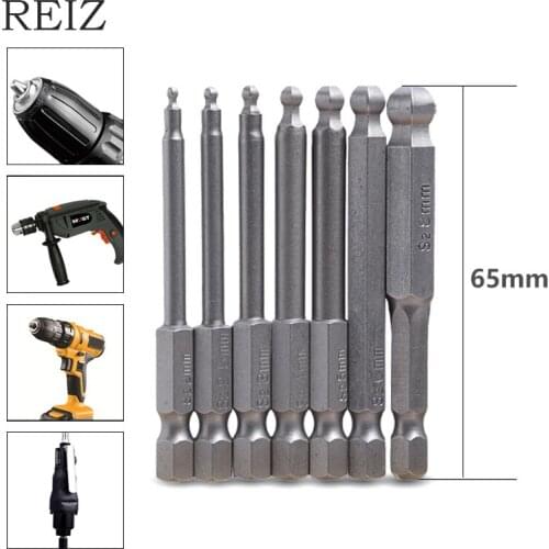 REIZ 7 Pcs Screwdriver Bits Set Ball End Magnetic Allen 1/4 Inch Hexagon Bit Rod 65mm Manual Power Drilling Repair Hand Tool