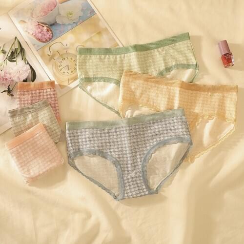 New Underwear Women 's Cotton Mid Waist Plaid Comfortable Breathable Antibacterial Bottom Girl Breifs Plus Size
