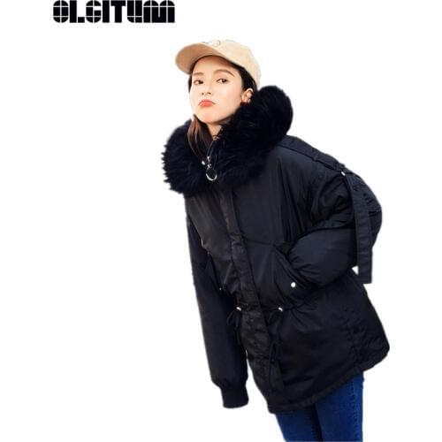 New Winter Women Cotton Coat with Pocket Belt Large Fur Collar 2020 S-2XL Fashion Loose Thicken Down Parka Female Multi-color