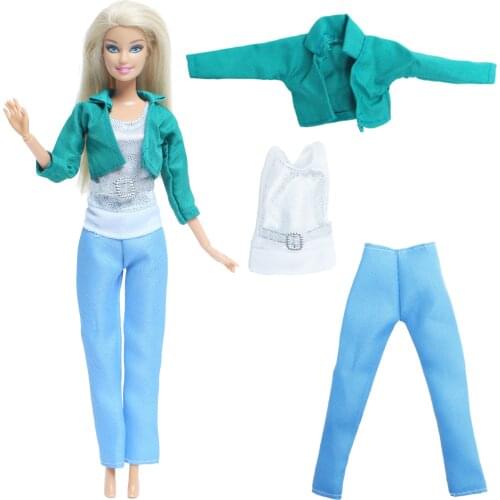 One Set Green Outfit Daily Casual Wear T-Shirt Coat Belt Trousers Clothes for Barbie Doll Accessories Baby Girl DIY House Toy