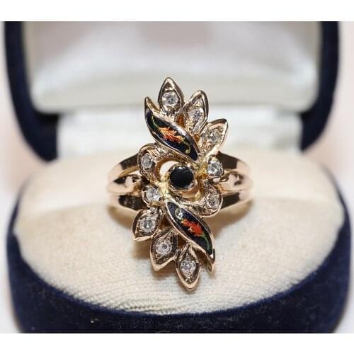 Old Original Vintage Enamel 14k Gold Natural Diamond And Sapphire Decorated Pretty Ring