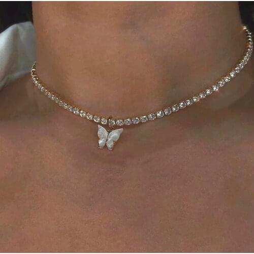 Acrylic Butterfly Choker Necklace Rhinestone Chain White Black Color Simple Clavicle Necklace Animal Korean Jewelry