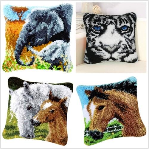 Latch Hook Cushion Kits Pillow Mat DIY Craft Tiger Animal Patterns Cross Stitch Needlework Crocheting Cushion Embroidery
