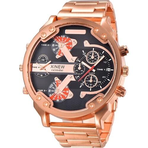 Luxury Mens Big Face 2 Time Zone Quartz Army Watch XINEW Calendar Relogio Masculino Original de Ouro Montre Homme Grande Marque