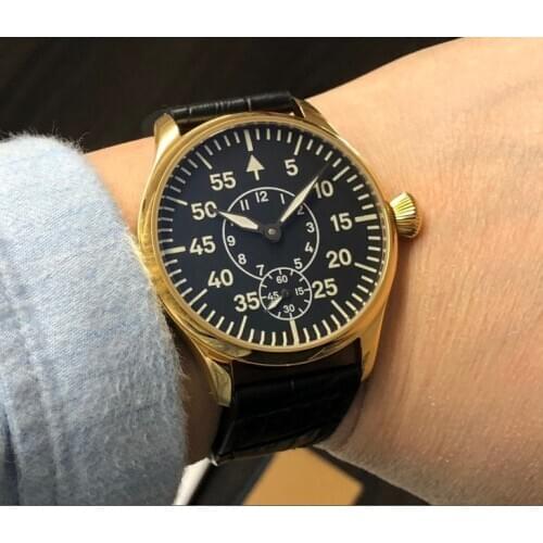 Sapphire crystal or Mineral glass 44mm no logo Asian 6498 Mechanical movement golden case Switzerlan C3 luminous mens watch