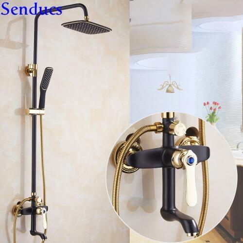 Senducs Intelligent Black Gold Shower System Newly Design Brass Bathroom Faucet Rainfall Shower Head Black Gold Bath Shower Set