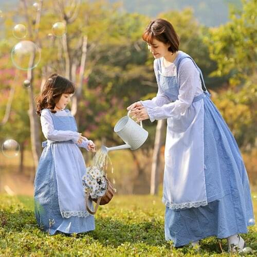 Blue Lattice Farm Girl Pastoral Style Photography Photo Outing Family Look Outfit Mom And Daughter Cosplay Clothes