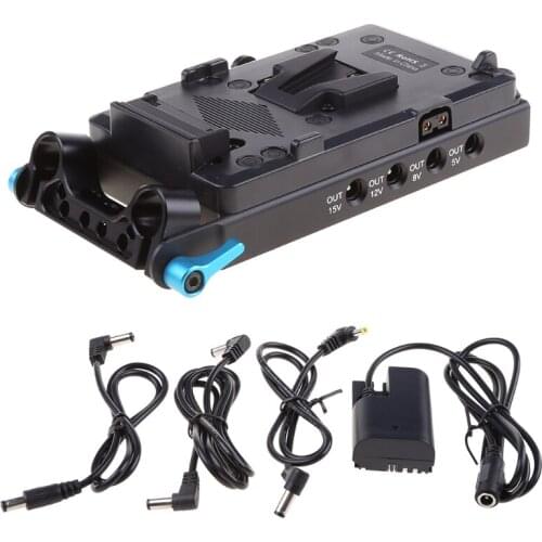 V Mount V-Lock Battery Plate Adapter with 15mm Dual Hole Rod Clamp LP-E6 Dummy Battery for -Canon 5D2/5D3/5D4/80D/6D2