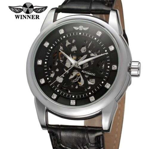 WINNER Skeleton Black Dial With Clear Stones Alloy Case montre homme luxury top brand automatic business men watch /WRG8097M3S2