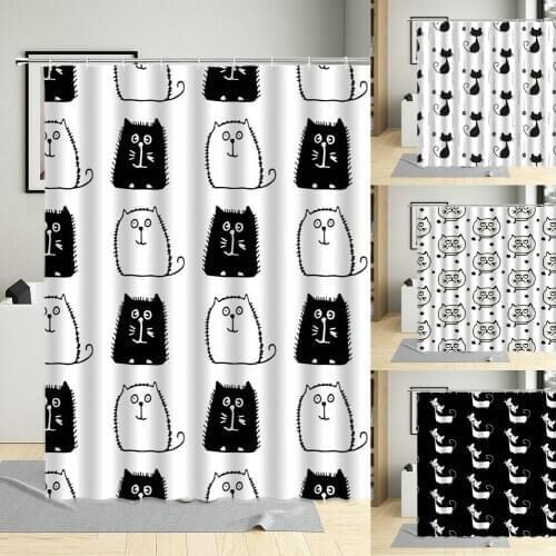 Cartoon Black And White Cat Kitten Shower Curtain 3D Lovely Animal Illustration Bathroom Decor Screens Child Curtains With Hooks