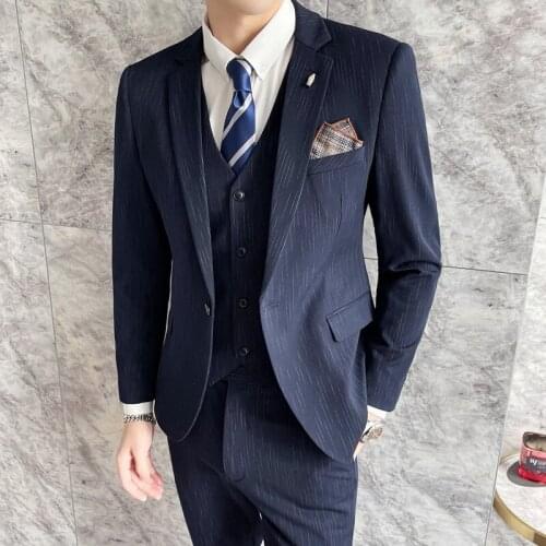 S-7XL ( Jacket + Vest + Pants ) Fashion Boutique Striped Slim Mens Business Casual Suit 3pcs Set Groom Wedding Dress Tuxedo