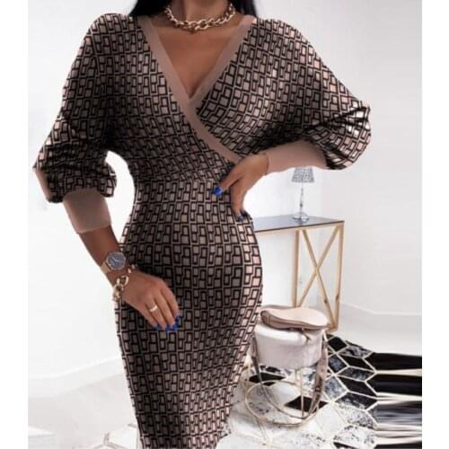 2021 Autumn Long Sleeve Office Lady Bodycon Dress Spring Retro Pattern Print Slim Party Dress Women Deep V Neck Hollow Out Dress