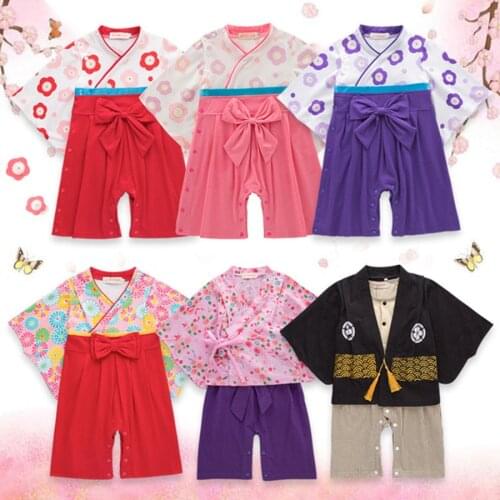 6M-4T Spring And Autumn Boys And Girls Long-sleeved Baby One-piece Dress Bowknot Romper Japanese-style Romper Printed Kimono