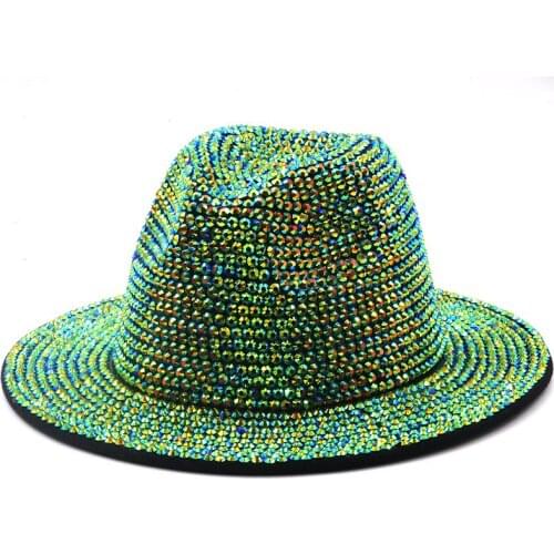 Winter Women Full Diamond Adjustable Fedora Hat Bling Rhinestone Panama Men Wide Brim Felt Jazz Hats wholesale