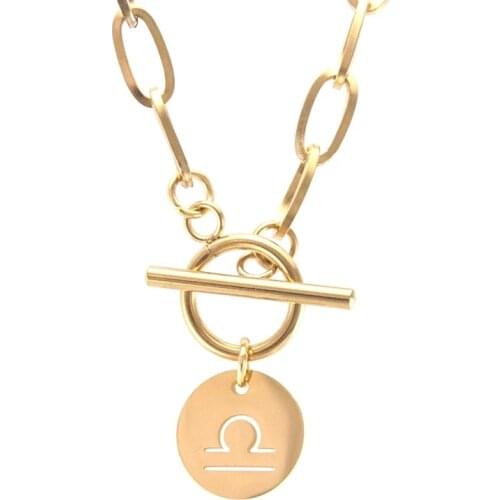 100% Stainless Steel Zodiac Coin Toggle Necklaces gold/silver color Metal 12 Constellation Choker Chunky Chain Collar Heavy Duty