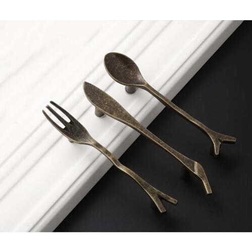 6PCS Bronze Spoon Knife Fork Kitchen Cabinet handles Cupboard Closet Drawer knobs Pulls Bars Creative Furniture handles