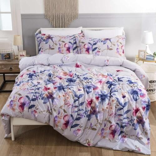 Bonenjoy Double Bed Linen Set Flower Reactive Printed Queen Size Duvet Cover Sets King Size Bedding Purple Floral Bed Covers
