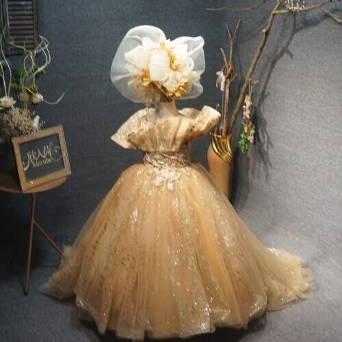 Caustom made champagne log gown children girls party dress