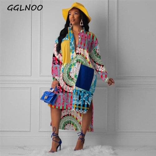 GGLNOO Long Sleeve Shirt Dress Women Turn-Down Collar Button Up Loose Blouse Dress Casual Streetwear Oversized Shirt Dress