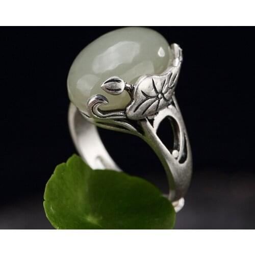 Natural 925 sterling silver lotus inlaid hetian white jade simple retro for women rings resizable rings