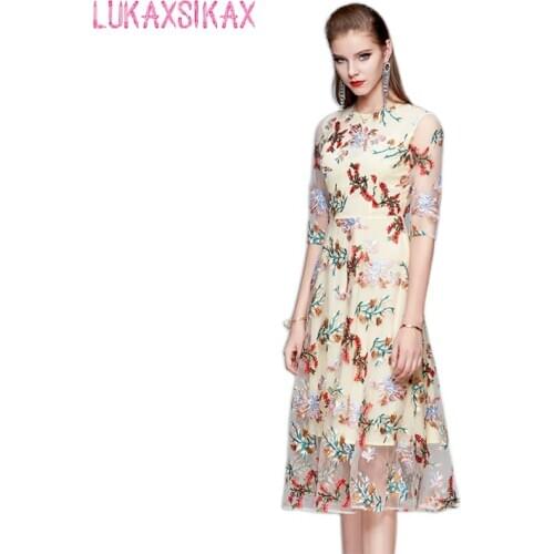 LUKAXSIKAX 2020 New Spring Autumn Women Dress High Quality Mesh Flowers Embroidery Runway Dress Elegant Slim Party Dress