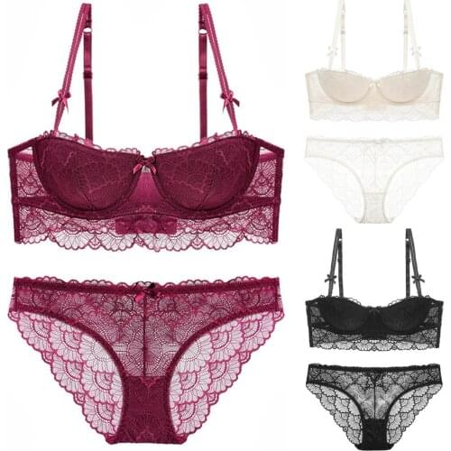 New French Womens Underwear Sexy Lace Breast Together Lingerie Thin Brassiere Push Up Adjustable 1/2 Half Cup Bra Women Set