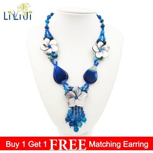LiiJi Unique Dye Blue Band Agates Shell Flowers with Jades Toggle Clasp Necklace Approx 52cm/20