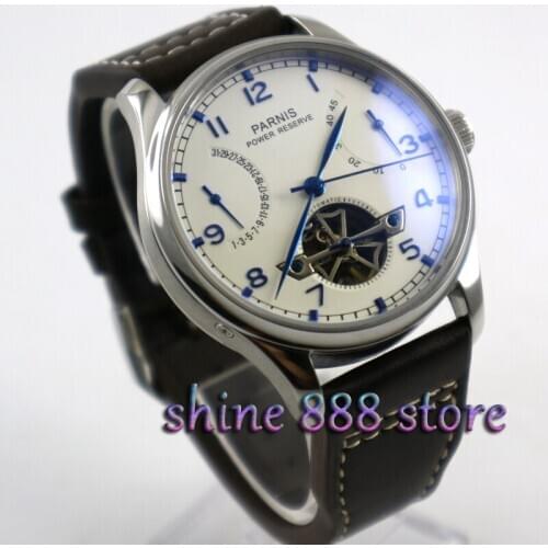 Parnis 43mm White dial power reserve Date Automatic Mechanical Mens Watches