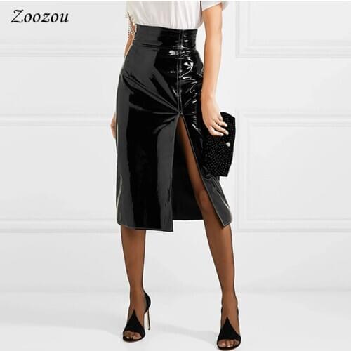 Sexy Black Split Side Patent Leather Pencil Skirt Womens High Waist Knee Length Skirt Elegant Office Ladys Latex Skirt Custom