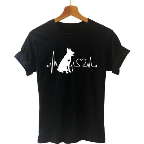 German Shepherd Heartbeat Cartoon Dog Letters Print Women Short Sleeve Tshirt Casual Cotton Hipster Funny T Shirt Girl Lady Top