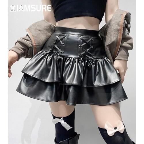 IAMSURE Gothic Bandage Pu Pleated Skirt Darl Black Leather High Waisted Mini Skirts Women 2021 Fashion Preppy Style Streetwear