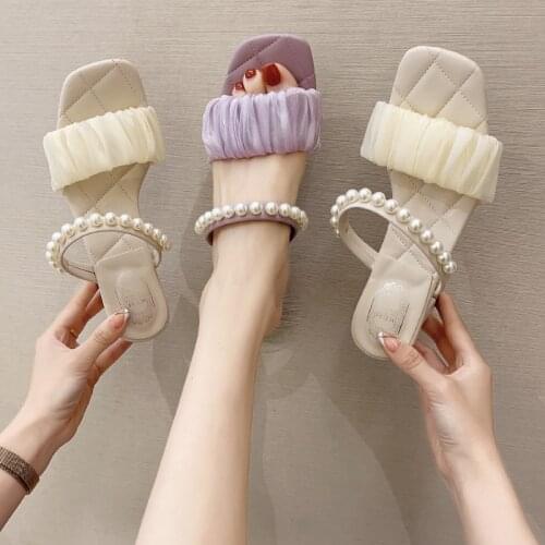 2021 Sandals All-Match Female Shoe Block Heels Med Buckle Strap Square Toe New Girls Chunky Medium High Pearl Spring Beige Summe