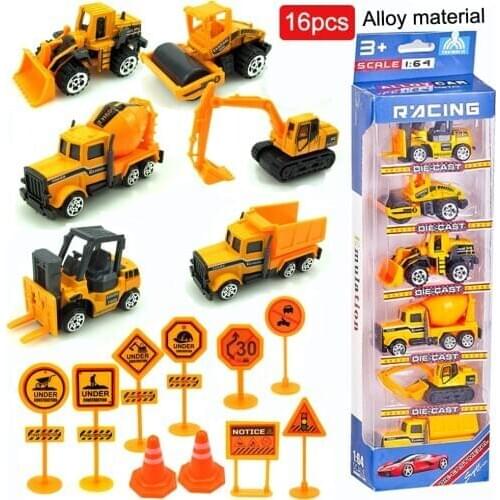 16 Pcs Alloy Diecast Car Model 1:64 Construction Vehicle Engineering Car Excavator Dump Roller Truck Model Toys for Children