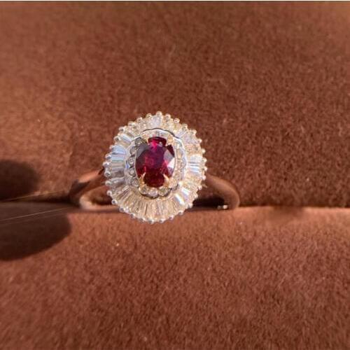 AEAW Engagement Rings 0.4ct Natural Ruby with 0.35ct Real Diamond Jewelry Solid 18K White Gold Ring Classic Lady Jewelry