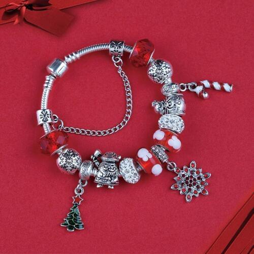 Droshiing Mix Style Christmas Series Silver Color Charm Bracelet Bangle Red Crystal Enamel Fashion Diy Bead Bracelet