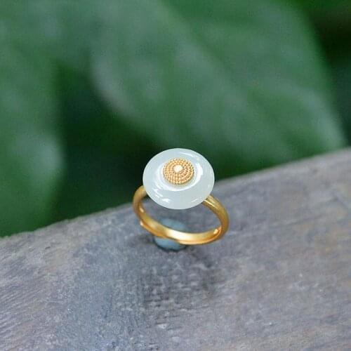 Ancient gold craftsmanship inlaid natural Hetian jade round donuts adjustable ring exquisite Chinese womens brand jewelry