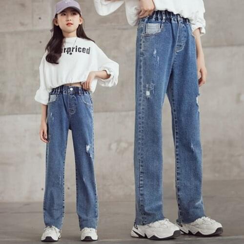 Jeans For Girl High Quality Ripped Straight Slim Jeans Kids Spring Autumn Childrens Skinny Pants Casual Style Trousers Clothes
