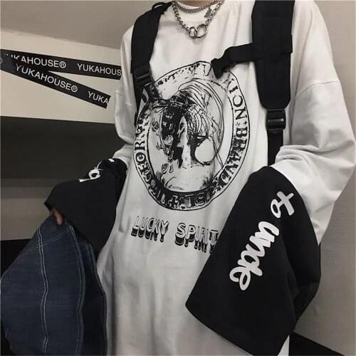 Black Cool T Shirt Streetwear Patchwork Tshirt Harajuku Summer Tops Tees Spring Long Sleeve High Street Loose Japan T-Shirt Male