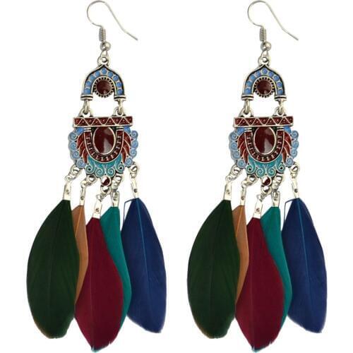 Indian long earings fashion jewelry 2018 new national style feather earrings retro alloy chain punk red charm popular jewelry