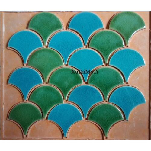 11pcs blue green fish scale ceramic mosaic tile kitchen backsplash bathroom wallpaper pool wall shower fan porcelain decoration